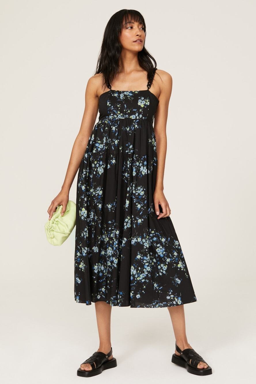 Les Rêveries Black Blue Floral Hourglass Square Neck Strap Midi Dress Size 6
